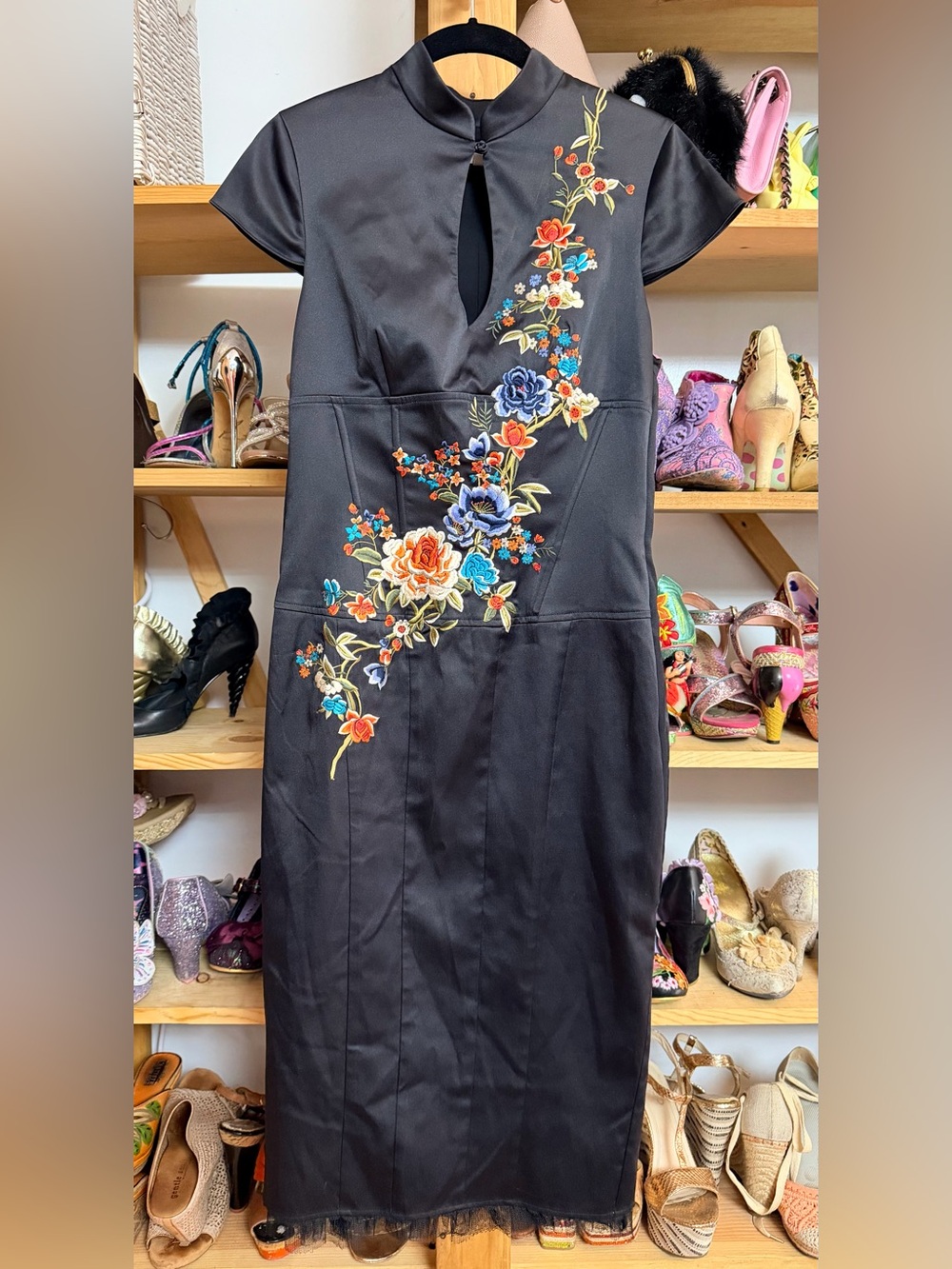 Karen Millen Black Midi Corset Dress with Multicolor Floral Embroidery STUNNING